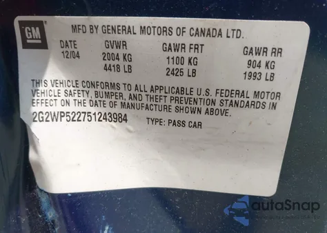 2005 Pontiac Grand Prix из США, поврежденный, VIN 2G2WP522751243984